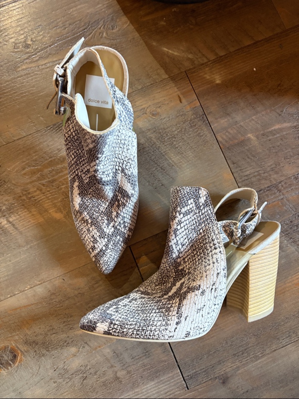 Dolce Vita Snake-Print Pointed Slingback Block Heel in White and Gray